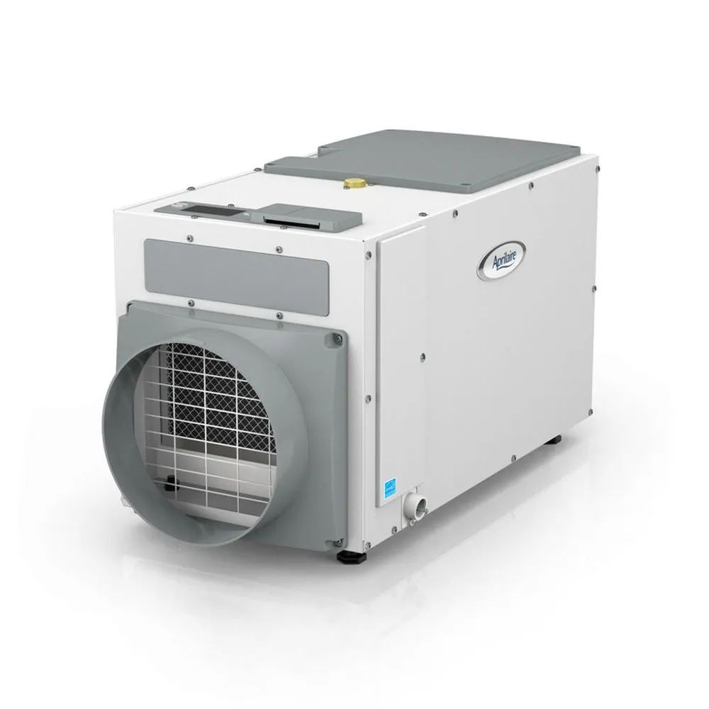 Dehumidifier-Aprilaire-1850 Aprilaire whole-home dehumidifier unit with front air intake and labeled side panel