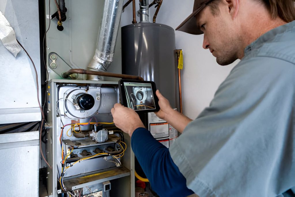 HVAC technician inspecting a furnace system using a tablet during maintenance.