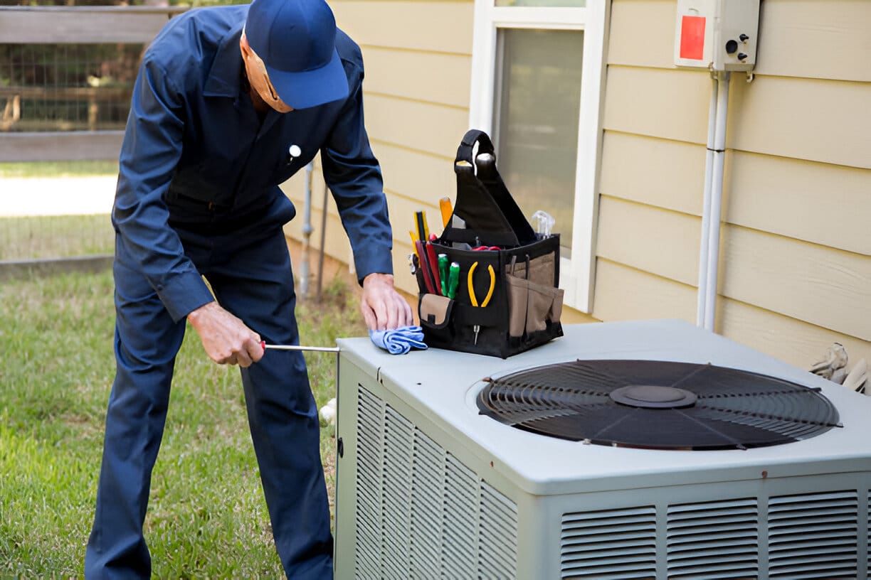 HVAC technician repairing an outdoor AC unit.
