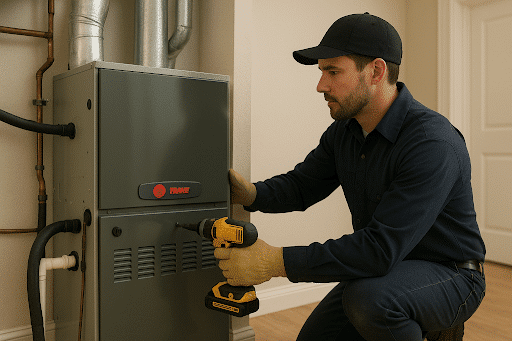 HVAC technician from Service Specialties upgrading a Trane HVAC system inside a residential home for improved comfort and efficiency.