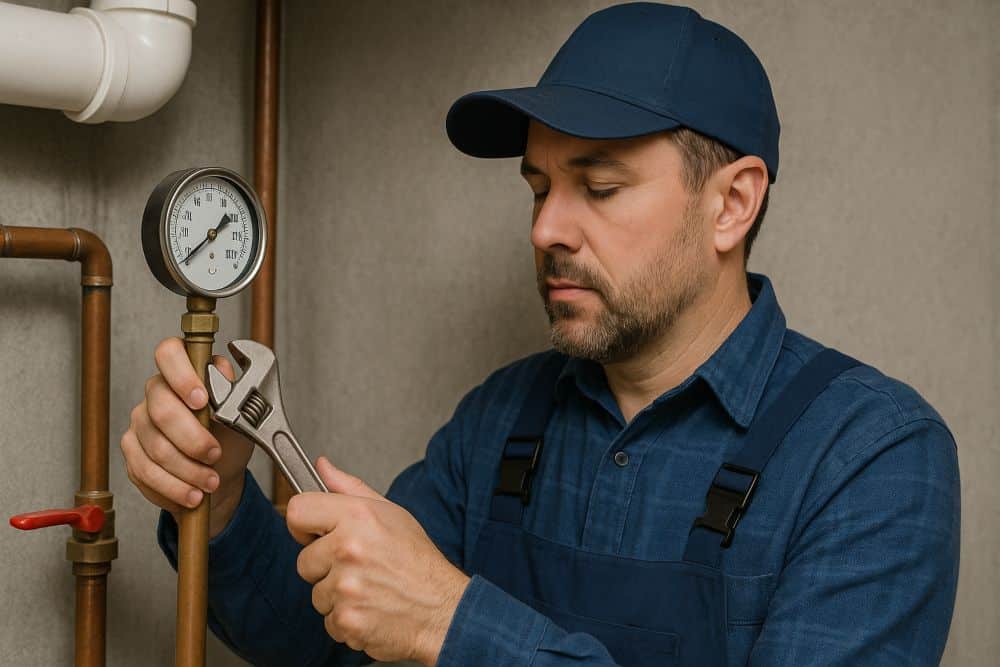 A plumber using a wrench to adjust a gauge on copper piping, addressing water pressure problems