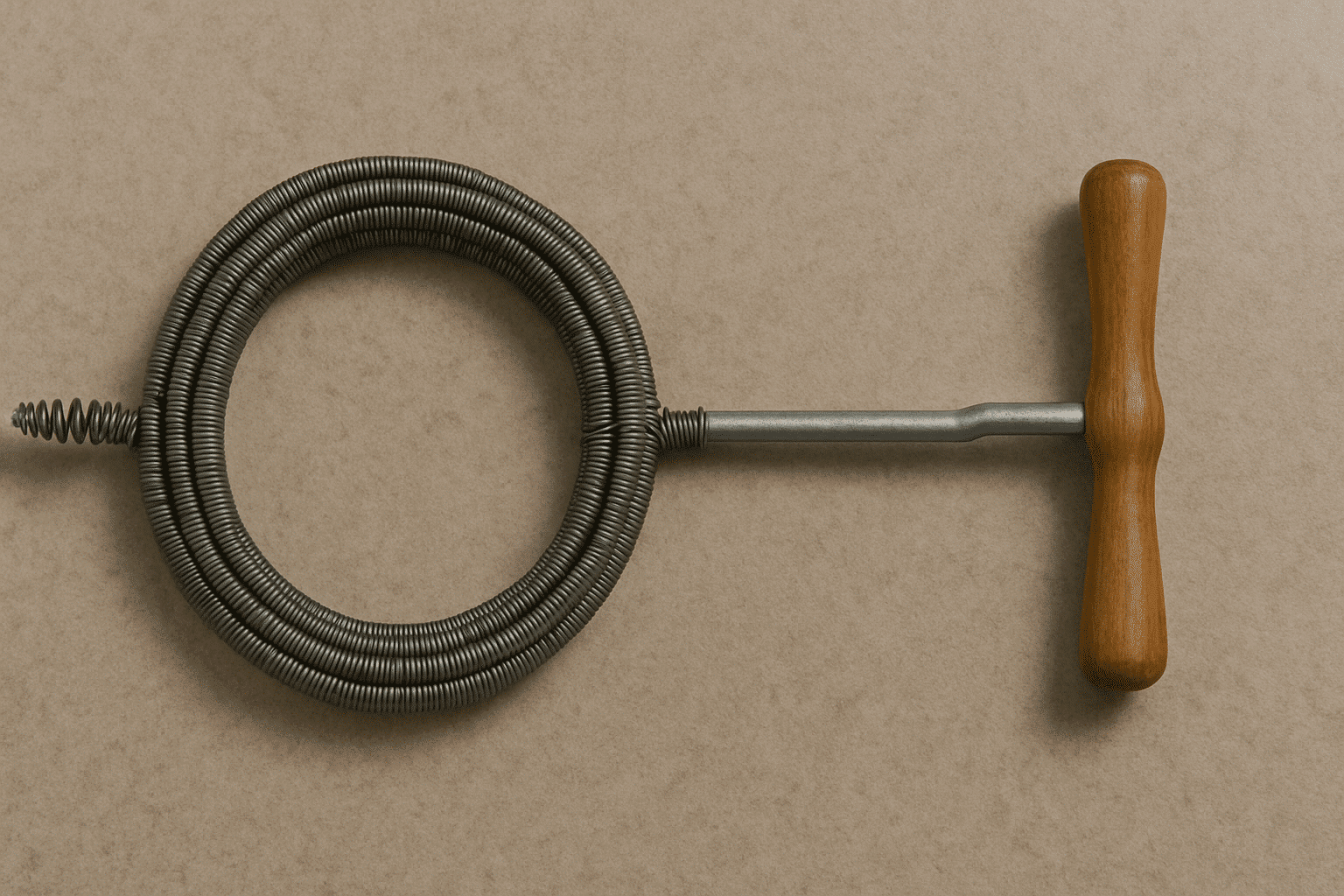 image1 A hand auger with a coiled steel cable and wooden T-handle sits horizontally on a neutral surface, used to clear pipe blockages—a reliable tool for DIY plumbing maintenance.