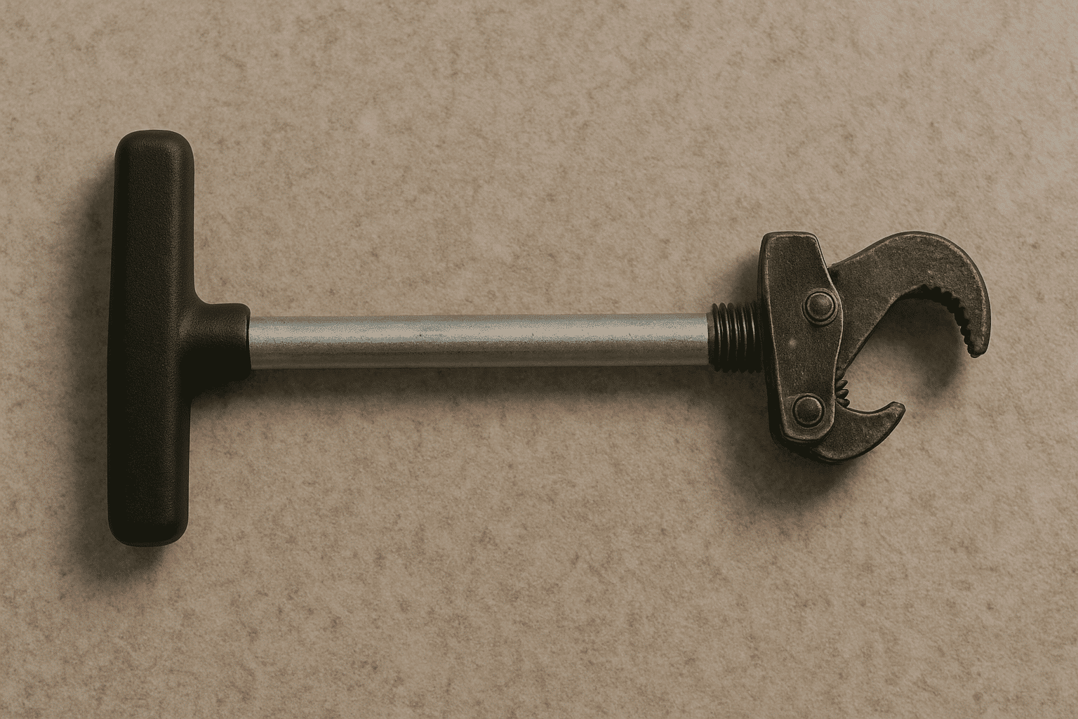 A basin wrench with a black T-handle and rotating jaw, made for tight spaces; useful in DIY plumbing maintenance.