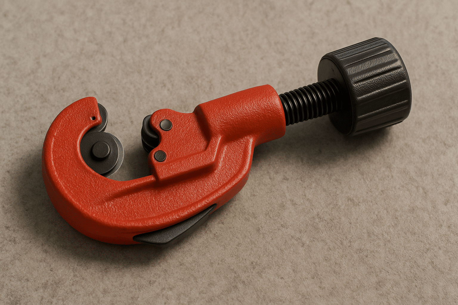 A red pipe cutter with black knob used to slice pipes cleanly; a precision tool for DIY plumbing maintenance.