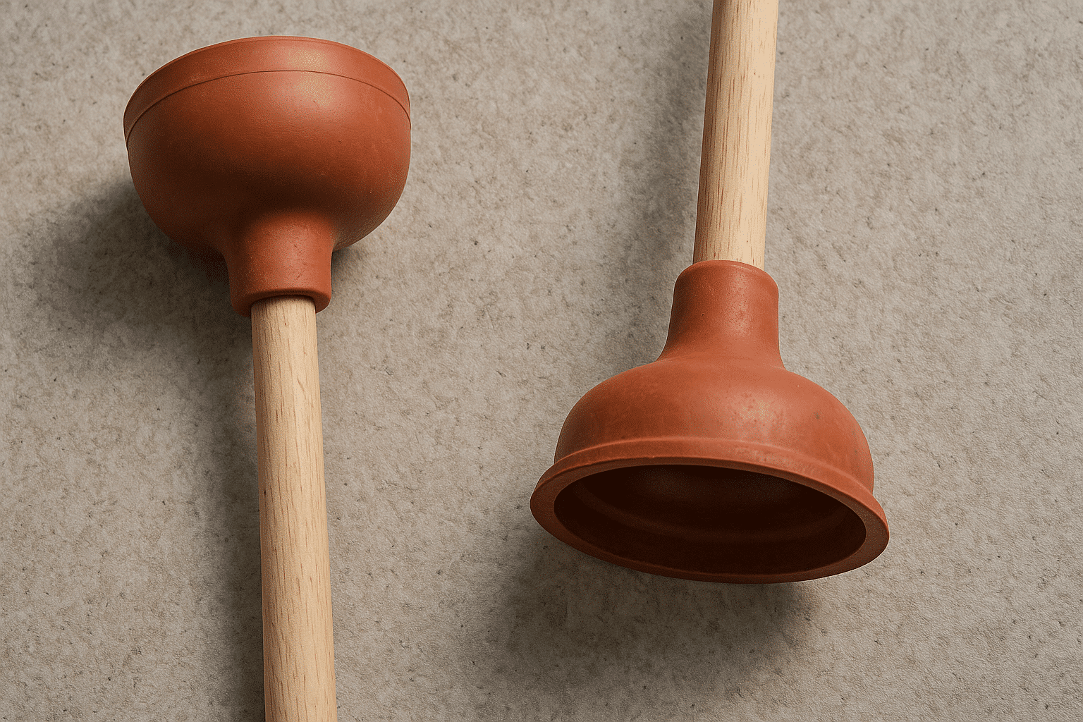 Two plungers—a cup and a flange type—used to clear clogs in sinks and toilets; key tools for DIY plumbing maintenance.