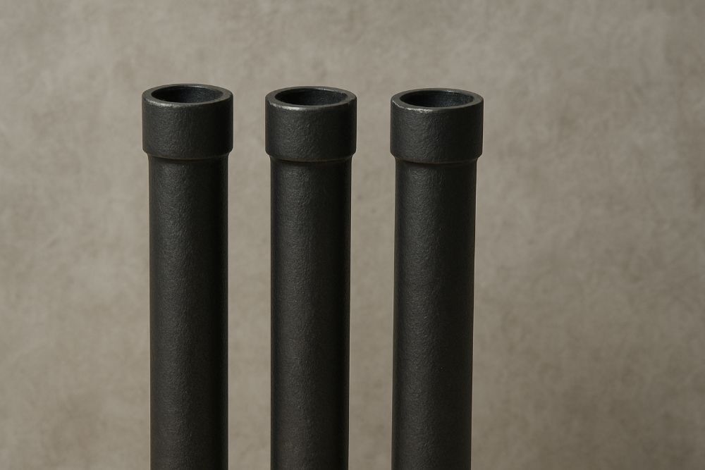 Three vertical cast iron pipes with dark textured surfaces, commonly used in older drainage systems and tools for plumbing.
