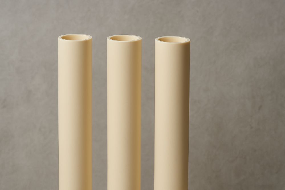 Three beige CPVC pipes standing vertically against a gray wall, commonly used for hot and cold water supply in tools for plumbing.