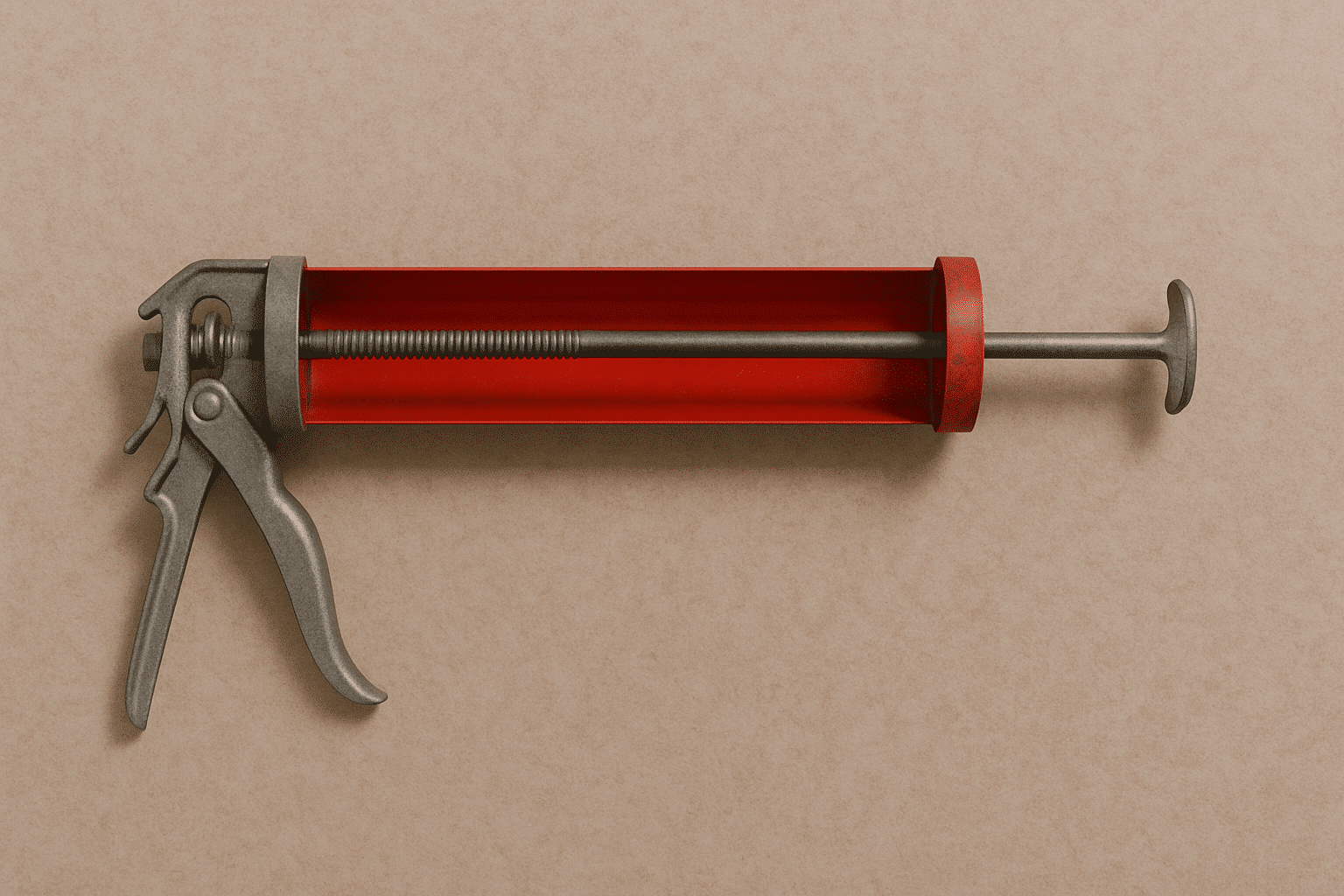 A caulking gun with a red body and steel plunger sits on a beige surface, ideal for applying sealant and considered one of the tools for DIY plumbing maintenance.