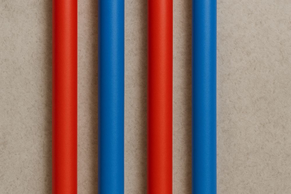 Four vertical PEX pipes—two red for hot water and two blue for cold—set against a gray surface, commonly used in tools for plumbing.