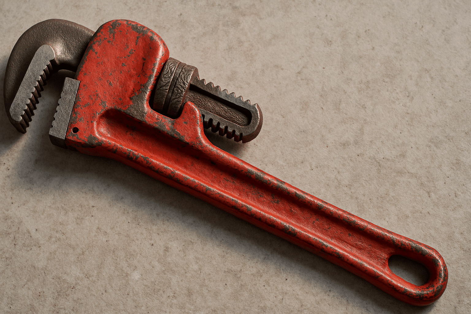Old red pipe wrench lying on a beige surface