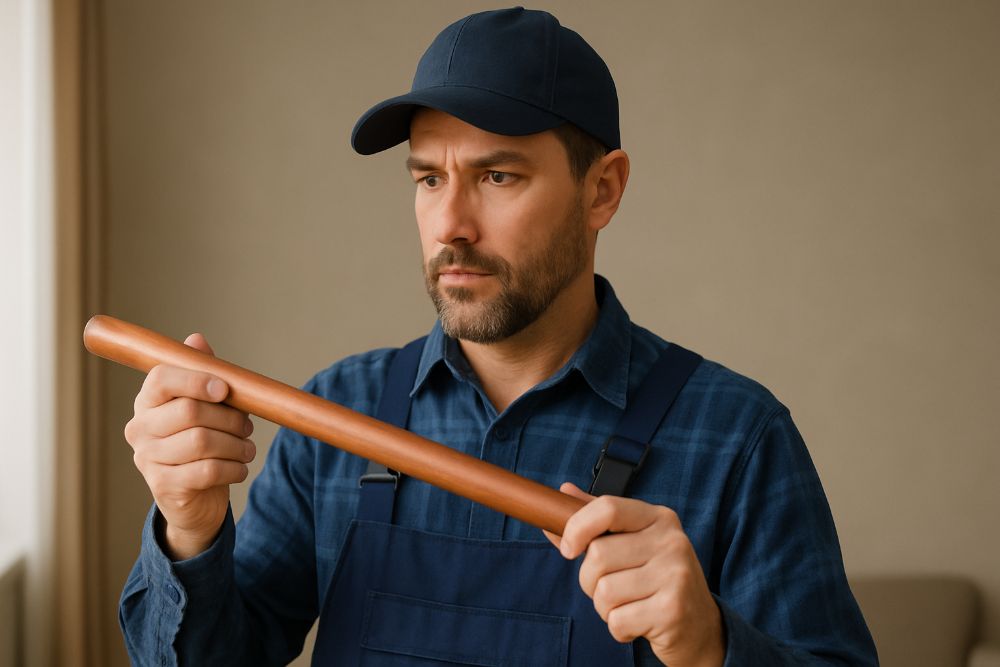 A focused plumber wearing a navy cap and overalls holds a copper pipe indoors, preparing for a DIY plumbing maintenance project.