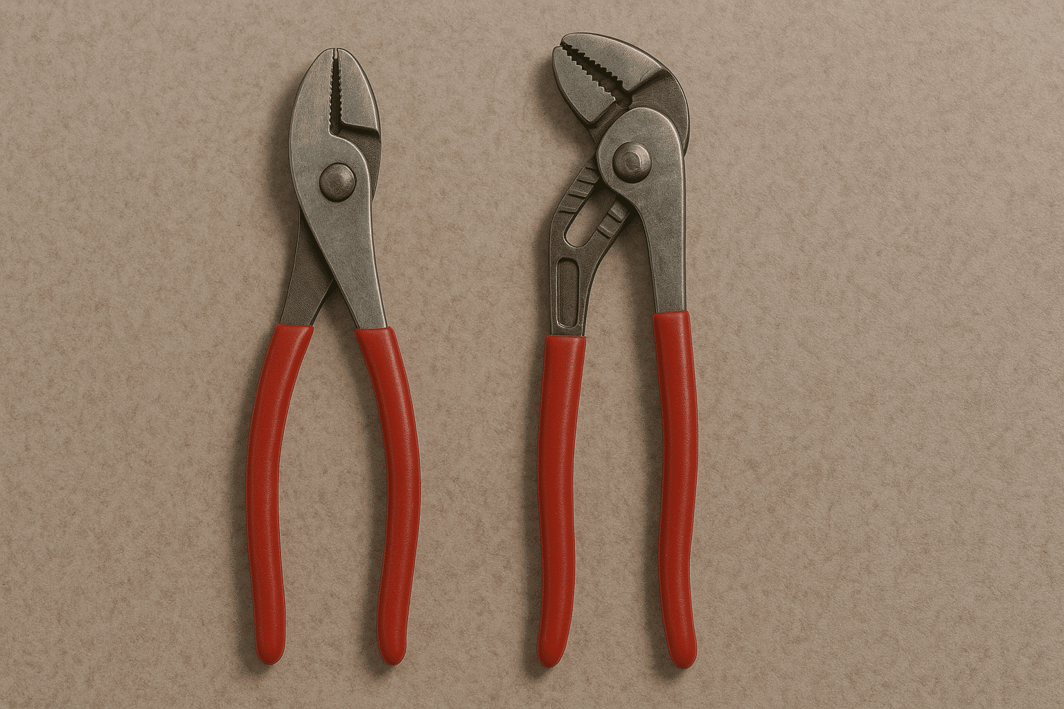 Two pliers—slip-joint on the left and channel lock on the right—displayed upright with red rubber grips, showing their versatility as tools for DIY plumbing maintenance.