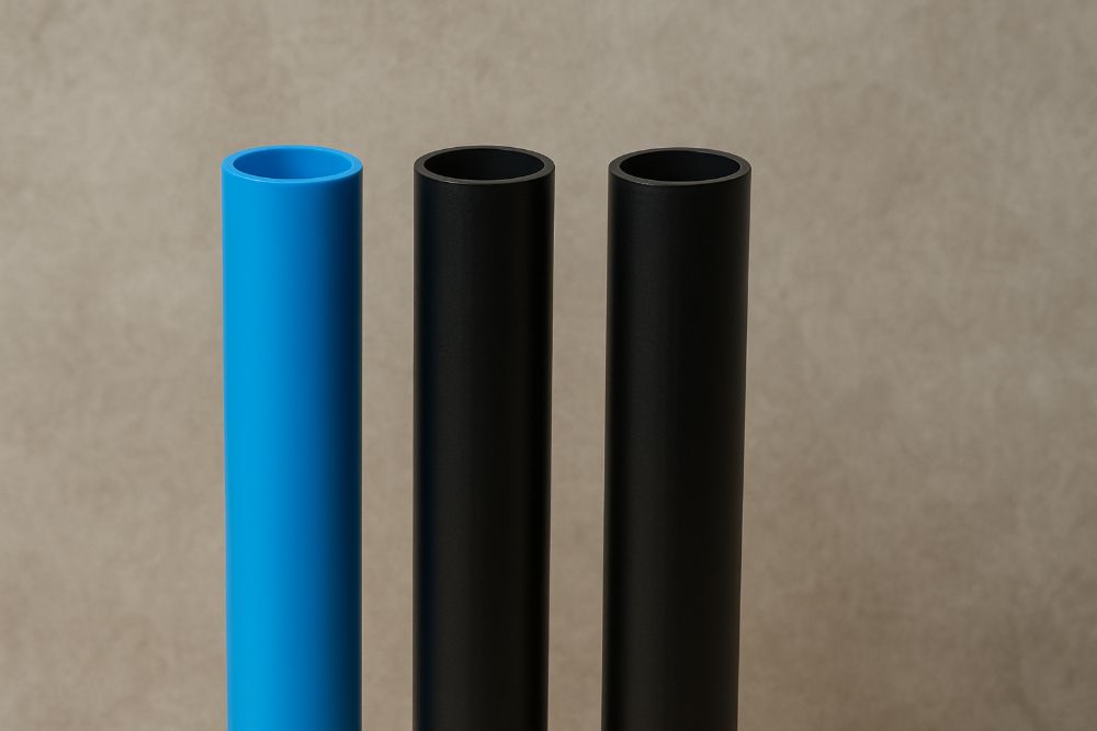 One blue HDPE and two black ABS pipes standing vertically against a gray wall, used in underground and drain systems for plumbing.