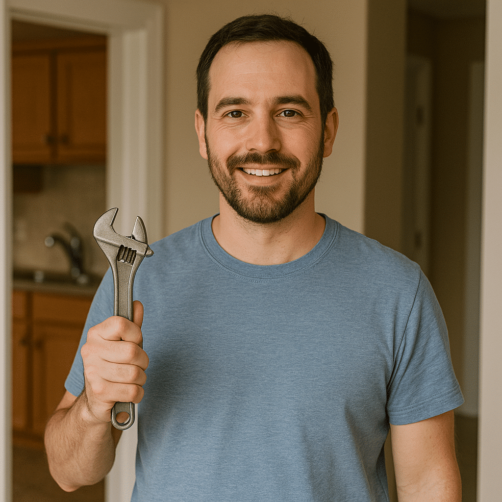 Smiling man in blue shirt holding an adjustable wrench indoors