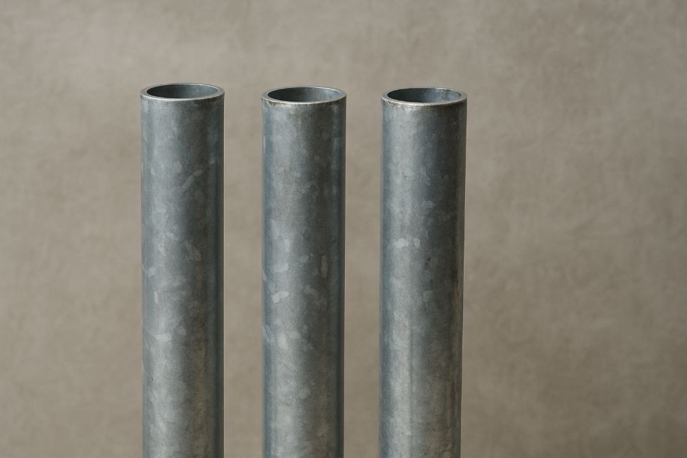 Three galvanized steel pipes standing vertically against a concrete wall, used in older plumbing systems and tools for plumbing.