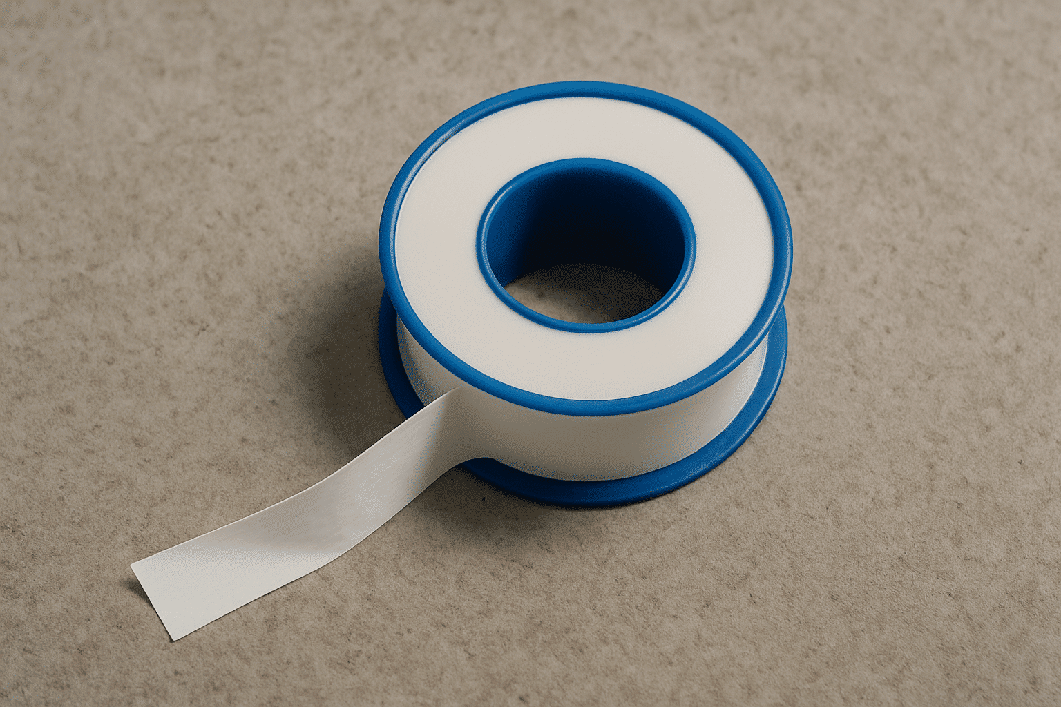 White Teflon tape with blue core unspooled on concrete, used to seal threads; a staple in tools for DIY plumbing maintenance.