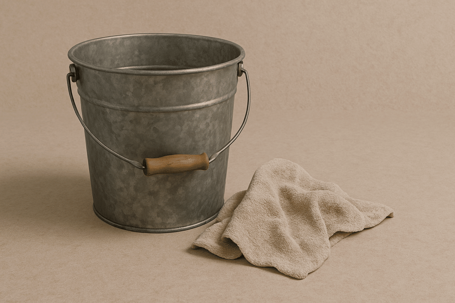 A galvanized metal bucket with a wooden handle sits beside a soft beige rag on a neutral background, used for cleanup and prep work among tools for DIY plumbing maintenance.
