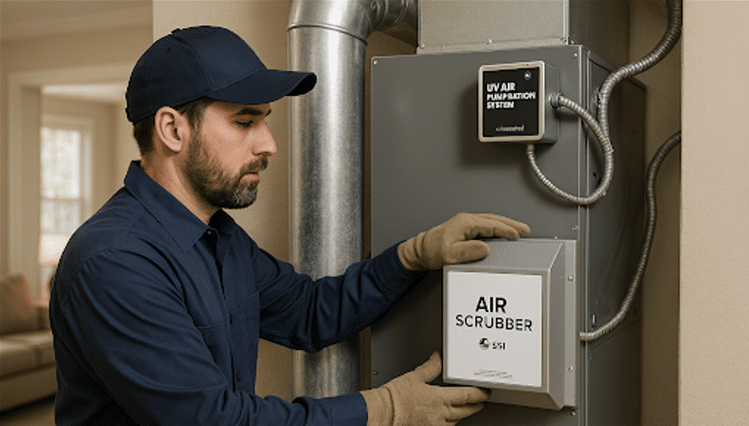An HVAC technician from Service Specialties Inc. installing an air scrubber and UV air sanitizer to improve indoor air quality in a residential home.